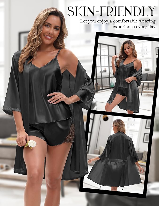 EPLAZA 3 Pcs Silk Pajamas for Women Satin Pajama Set Sexy Lace V-neck Cami Top Shorts Pjs Set with Robe Sleepwear