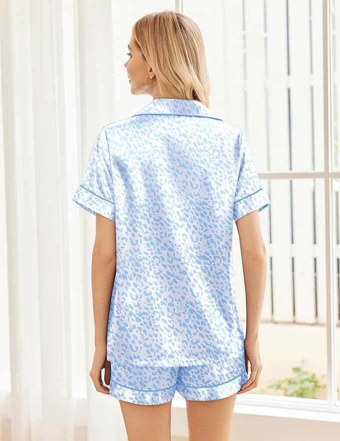 Ekouaer Womens Silk Satin Pajama Sets Soft Short Sleeve Button Down Sleepwear Top and Shorts 2 Piece Pjs Lounge Set