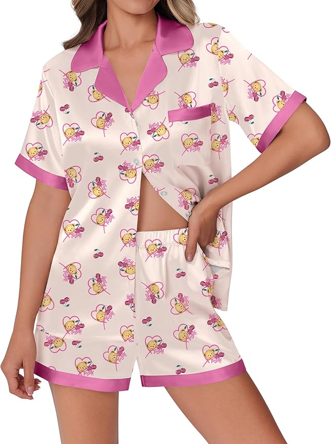 Ekouaer Womens Silk Satin Pajamas Set Animals Print Pjs Button Down Short Sleeve Lounge Set 2 Piece Sleepwear