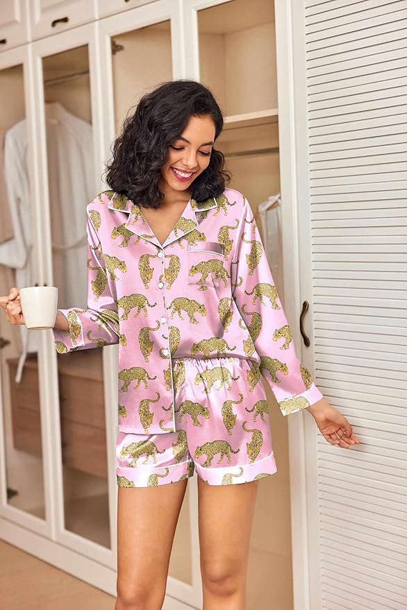 Ekouaer Satin Pajama Set for Women Button Down Pj Set Long Sleeve Top and Shorts 2 Piece Loungewear Summer Soft Sleepwear