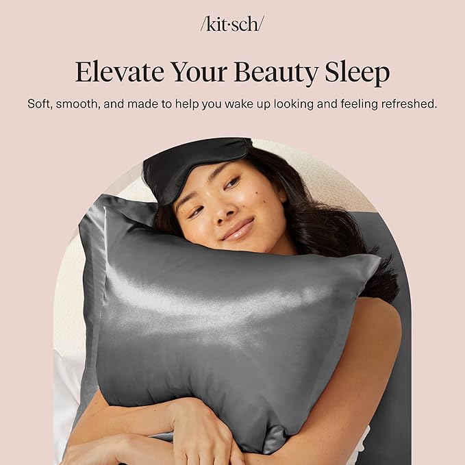 Kitsch Satin Pillowcase with Zipper for Hair & Skin - Softer Than Silk Pillow Cases, Smooth Cooling Satin Pillow Case, Wrinkle-Free, Machine Washable, Pillow Cases Standard Size 19x26 - Charcoal, 2pc