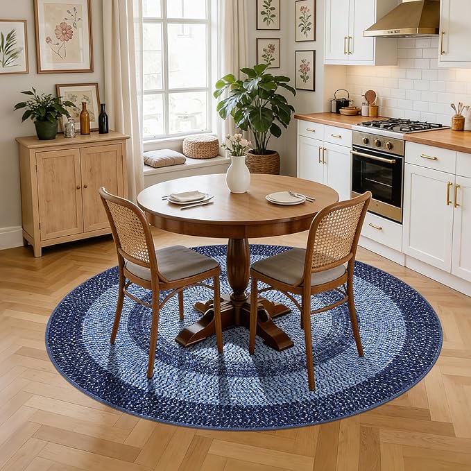 Modern Bordered Round Area Rug 4ft Washable Bedroom Circle Rugs Non Slip Stain Resistant Dining Room Round Throw Carpet Contemporary Circle Mats for Living Room Kitchen Nursery, Navy