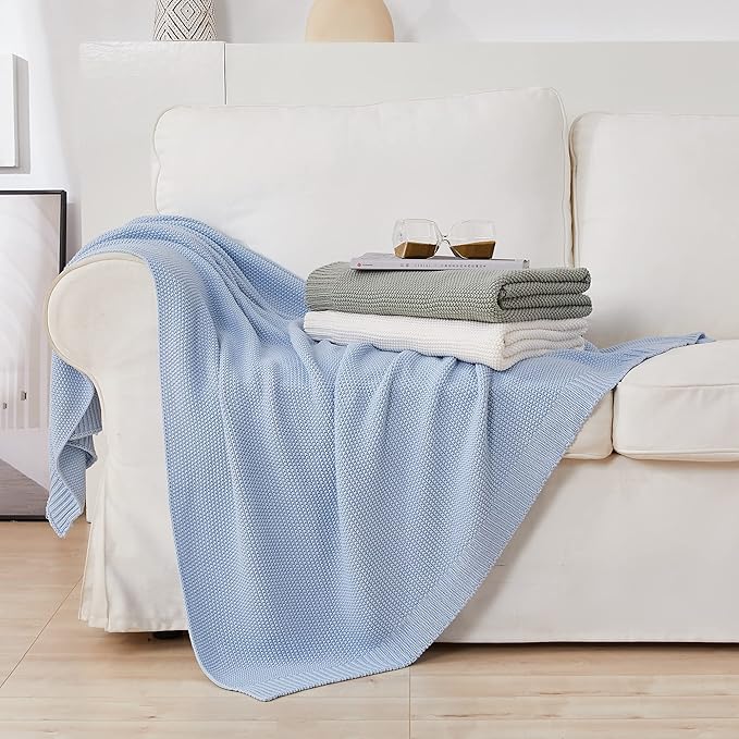 Longhui bedding 100% Cotton Light Blue Lightweight Cable Knit Throw Blanket for Couch Sofa Bed Home Décor Bonus Laundering Bag – Large 60 x 80 Inch, Machine Washable, Blue Color