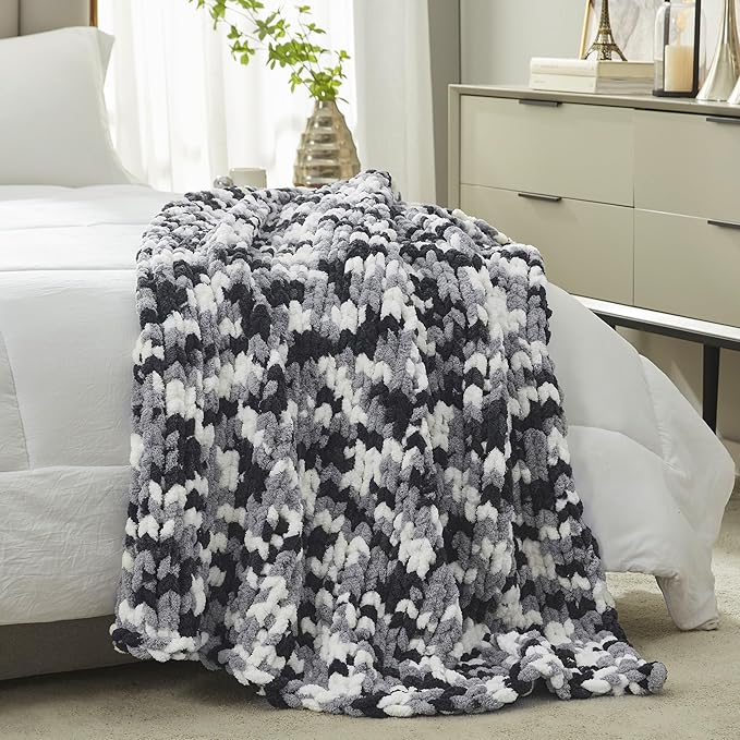 Amélie Home Chunky Knit Throw Blanket for Couch, Soft Chenille Handmade Crochet Throw Rope Knot Blanket for Couch, 50"x60", Space-Dyed Black