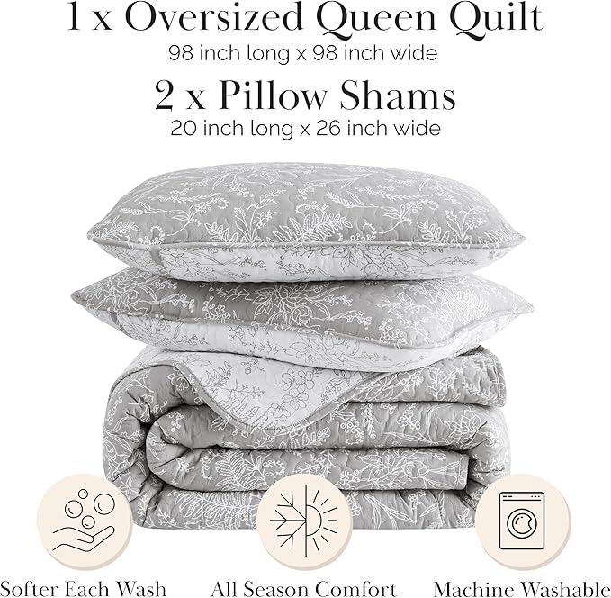 Southshore Fine Living, Inc. Oversized Bedspread Full Size, Printed Quilt Queen Size Bedding Set, Botanical and Lightweight Coverlet, Floral Bed Set, All Season Full/Queen Quilts, Reversible Grey