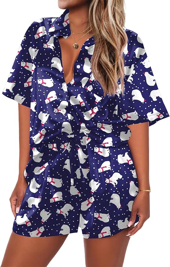 Ekouaer Pajamas for Women Silk Satin Pjs Soft Sleepwear Short Sleeve Button Down Pjs Top and Shorts 2 Piece Lounge Set S-XXL