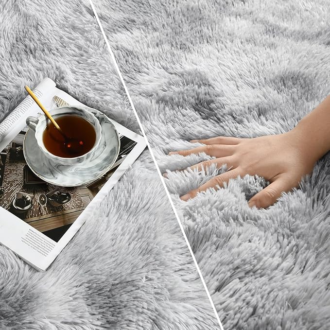 Deerhoo Large Shag Area Rugs 9 x 12, Tie-Dyed Plush Fuzzy Rugs for Living Room, Ultra Soft Fluffy Furry Rug for Bedroom, Indoor Carpet Nursery Rugs for Kids Room Home Decor, Light Grey