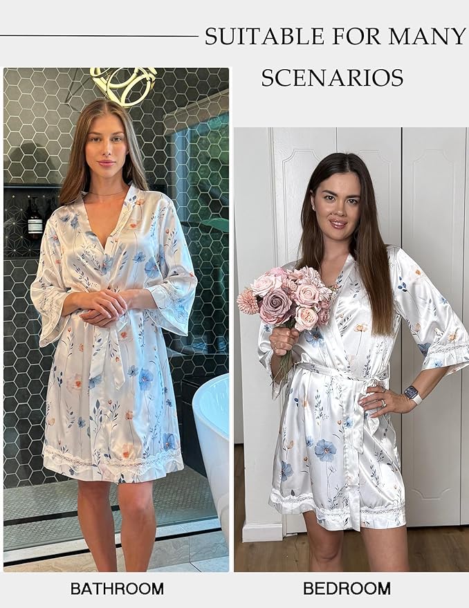 Ekouaer Women's Lace-Trim Silk Robes Bride Bridesmaid Kimono Satin Bathrobe V Neck Sleepwear with 3/4 Sleeve