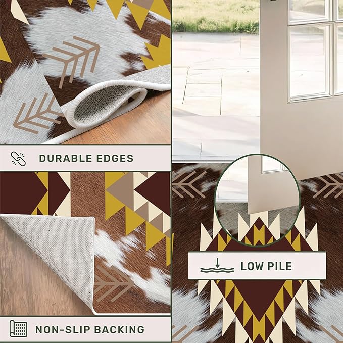 Western Rugs for Living Room,3.3x10ft,Moroccan Geometric Runner Rug,Cow Print Decor Faux Cowhide Rug,Machine Washable Western Decor Hallway Runner Rugs,Floor Mat for Kitchen, Bedroom Entrance,