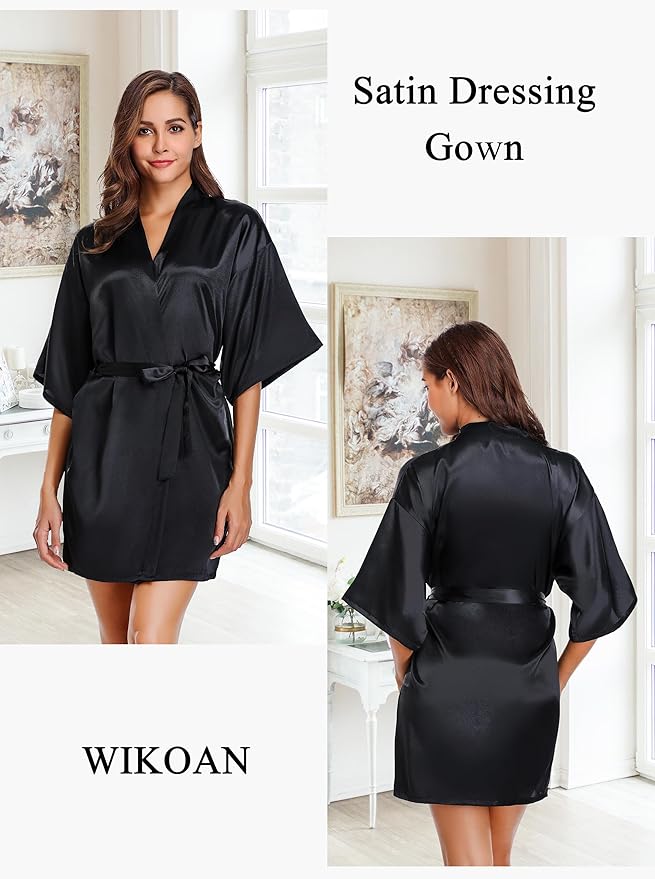 Women's Short Satin Robe Silky Bathrobes Bridal Bridesmaid Kimono Robe V-Neck Sleepwear S-XXL