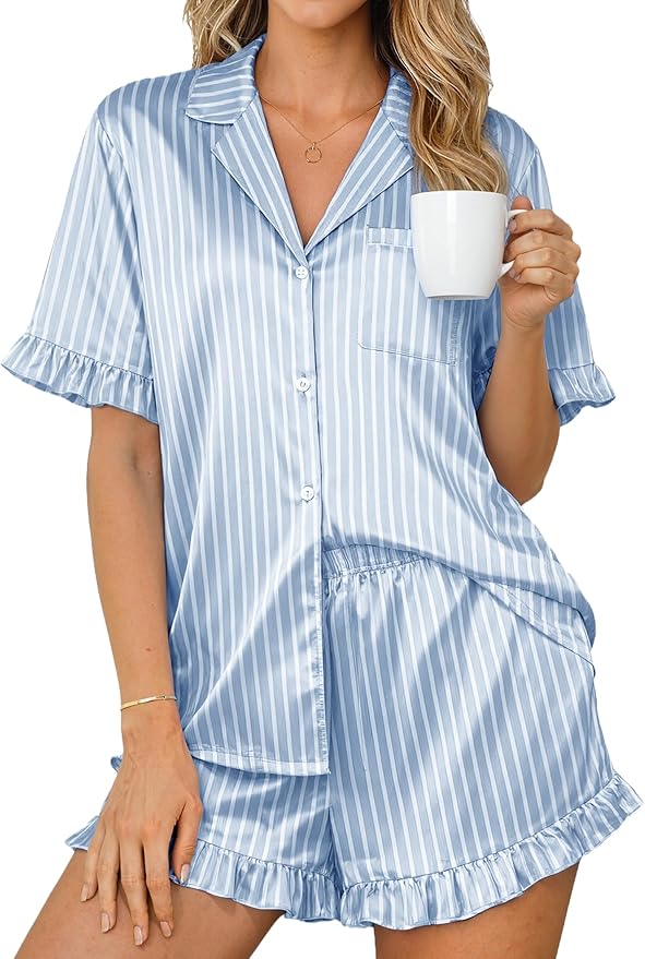 Ekouaer Womens Satin Pajamas Set 2 Piece Button Down Silk Pjs Ruffle Short Sleeve Shorts Set Notch Collar Sleepwear