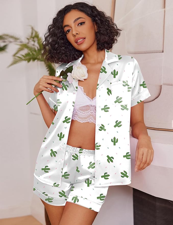 Ekouaer Womens Satin Silk Pajamas Set Short Sleeve Sleepwear Button Down Top and Shorts Loungewear 2 Piece Pjs Set S-XXL