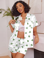 Ekouaer Womens Satin Silk Pajamas Set Short Sleeve Sleepwear Button Down Top and Shorts Loungewear 2 Piece Pjs Set S-XXL