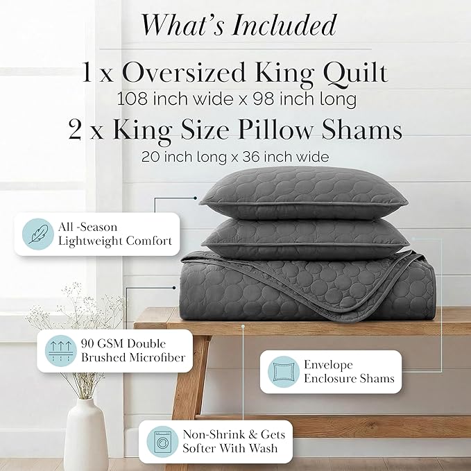 Southshore Fine Living, Inc. Oversized California King Quilts Bedding Set, Lightweight Quilt, Soft Coverlet, 3-Piece Bedspread Set with Two Matching Quilted Pillow Shams, King/California Size, Slate