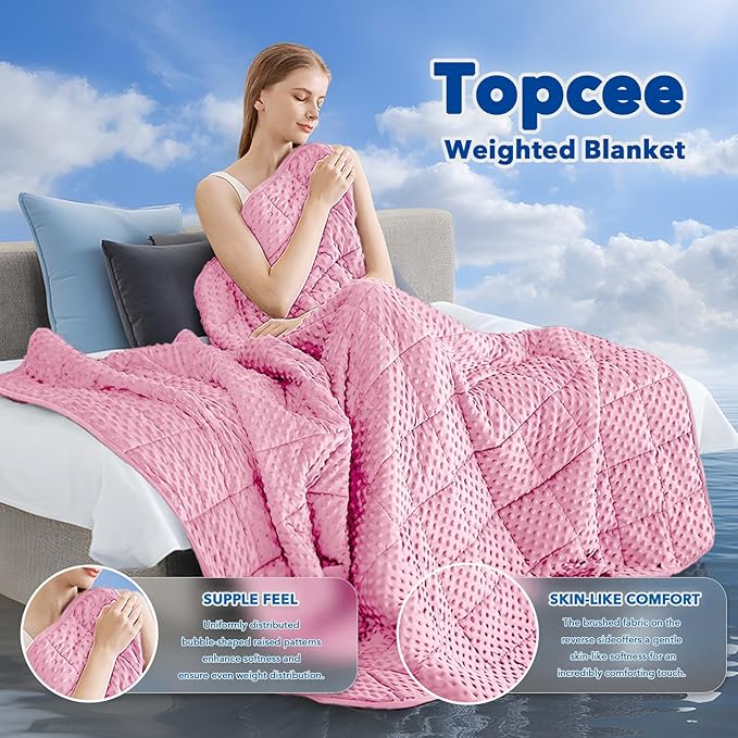 Topcee Weighted Blanket for Adults (15lbs 48"x72"), Minky Dots Heavy Blanket for 140-160lbs Sleeping, Soft, Cozy and Cooling Weighted Throw Blankets, Machine Washable, Pink