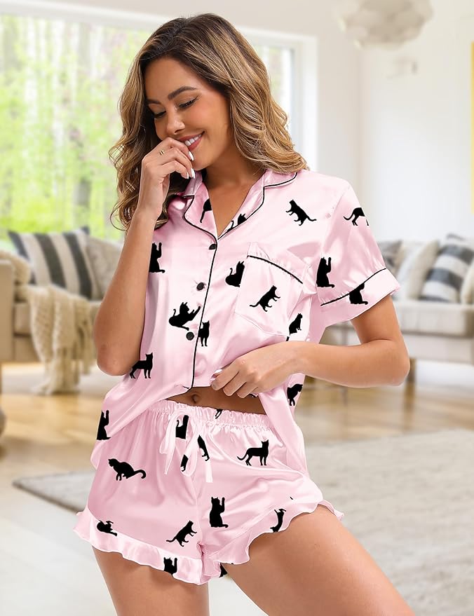 Silk Satin Pajama Set for Women 3-piece Short Sleeve Pajama with Pants Ruffle Shorts Cute Pj Set Button Down Sleepwear