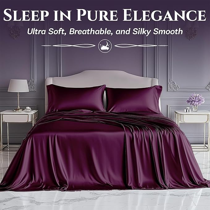 SLEEP SANCTUARY Satin Sheets King Size – 4 Piece Luxury Silky Bed Set, Softer Than Silk, 15" Deep Pocket, Cooling & Wrinkle-Free, Moisture-Wicking & Breathable for Hair & Skin (Rosewood)