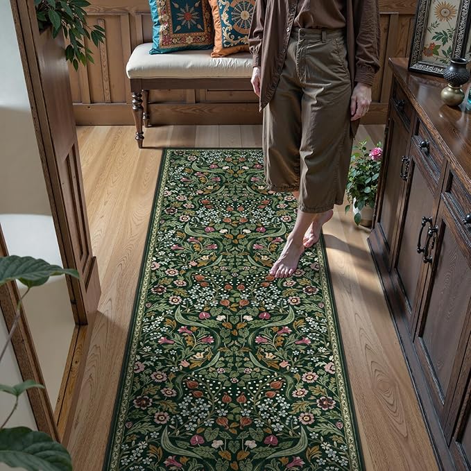 Lahome Claude Floral Kitchen Runner Rug, 2.6x8 Green Non Slip Hallway Runner Rug, Soft Thin Stain Resistant Long Carpet for Laundry, Washable Boho Carpets for Bathroom Entryway