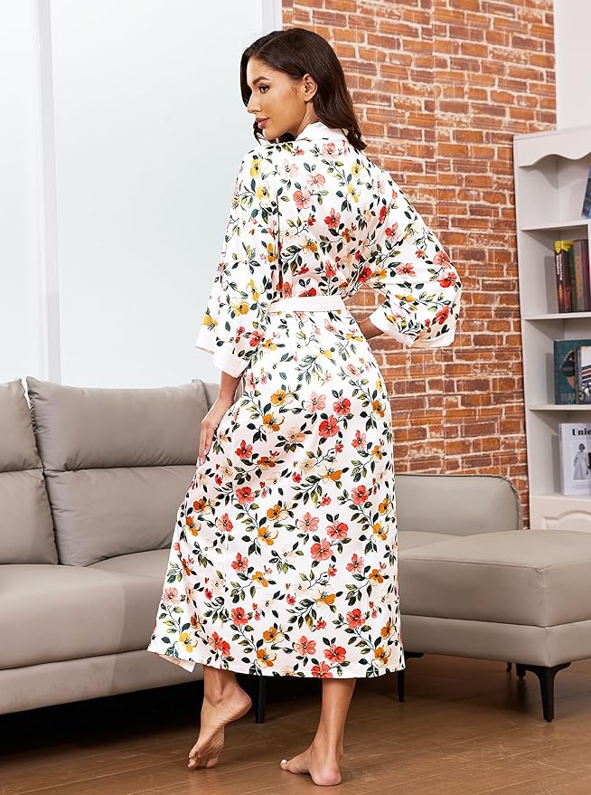Hellomamma Womens Satin Silk Robe: Lightweight 3/4 Sleeve Comfy Floral Print Kimono Sleepwear for Bride Wedding Party Gift