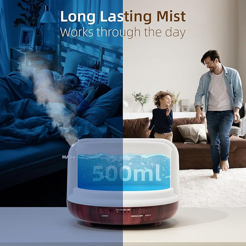 ASAKUKI Essential Oil Diffuser for Home, 500ML Aromatherapy Diffuser Humidifier with Remote Control, 7 Color LED Lights, Quiet Cool Mist Diffuser for Bedroom, Living Room, Office (Reddish-Brown)