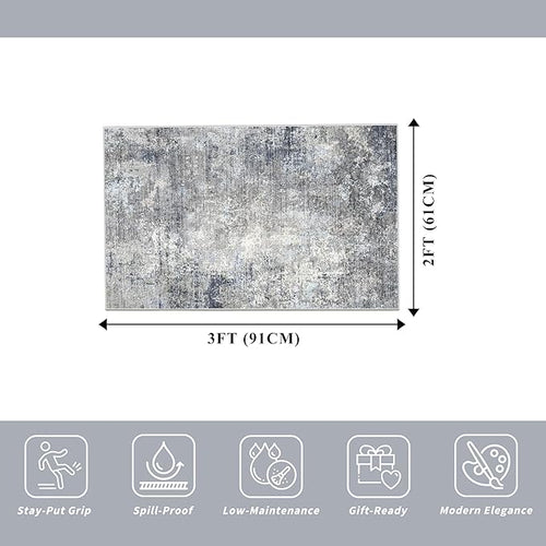 2x3 Washable Non-Slip Rug – Modern Abstract Neutral Small Throw Area Rug for Kitchen, Entryway, Bedroom – Soft Low Pile Thin Indoor Door Mat（Blue Grey,2x3）