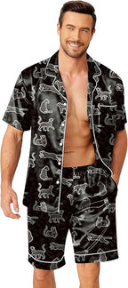 Ekouaer Mens Pajamas Set Silk Satin Sleepwear Short Sleeve Button Down Pjs Set 2 Piece Loungewear with Pockets S-XXL