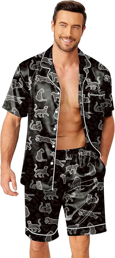 Ekouaer Mens Pajamas Set Silk Satin Sleepwear Short Sleeve Button Down Pjs Set 2 Piece Loungewear with Pockets S-XXL