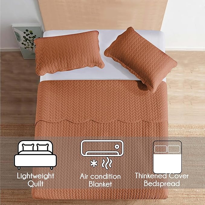 IR Imperial Rooms Queen Quilt Bedding Set Size (90" x 96") + 2 Pillow Shams (20" x 26"+ 2") - 3 Pcs All Season Lightweight Reversible Microfiber Coverlet Embossed Quilt Bedspread (Rust)