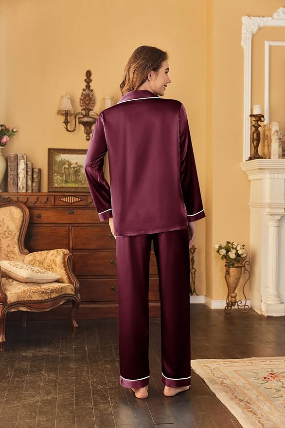 Ekouaer Women's Classic Button Down Long Satin Silk Pajama Set