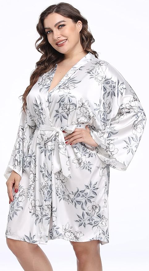 Women's Plus Size Satin Kimono Robes Short Silk Bathrobe Bridesmaid Wedding Party Nightgown Sleepwear