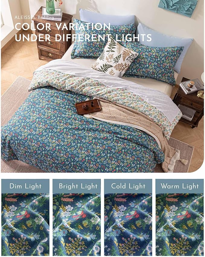 ALEISSEL Cotton Floral Comforter Twin Size - 2PC Lightweight Bedding Sets with Down Alternative Fill, Deep Slate Blue & White with Vibrant Floral Pattern (1 Comforter, 1 Pillowsham)