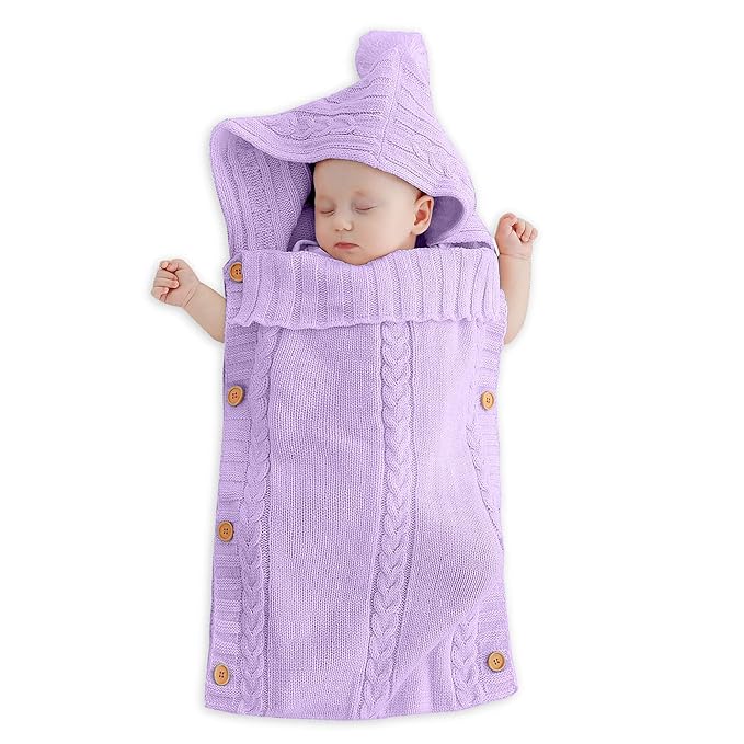 XMWEALTHY Newborn Swaddle Baby Essentials Girls Boys Receiving Blankets Neutral Knit Sleeping Bag Stroller Wrap Purple 0-6 Month