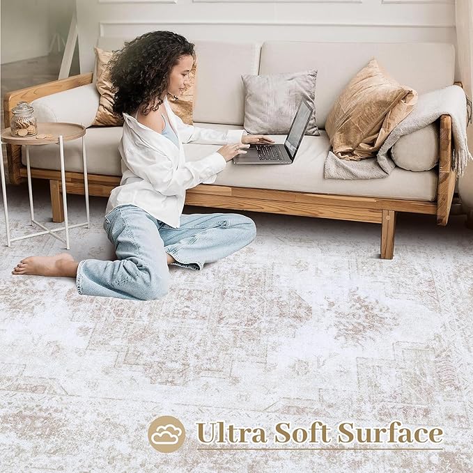 XLUEZ Area Rug 9x12 Living Room Rug, Machine Washable Vintage Distressed Medallion Rug Non-Slip Soft Low Pile Large Indoor Rugs for Bedroom Kitchen Dining Room Office(Beige,9'x12')