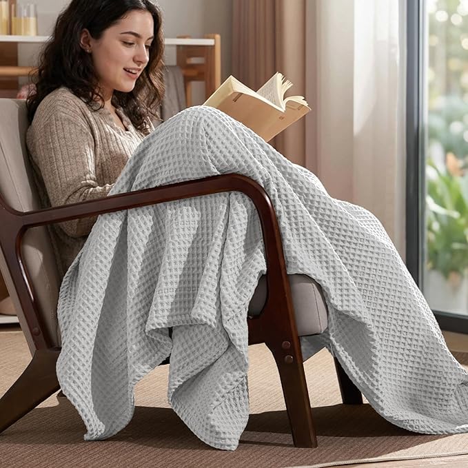 PHF Ultra Soft Waffle Weave Throw Blanket 50"x 60"- Washed Lightweight Breathable Cozy Woven Blanket for Bed - Aesthetic Decor for Couch Bedding Sofa Home Car - Light Grey