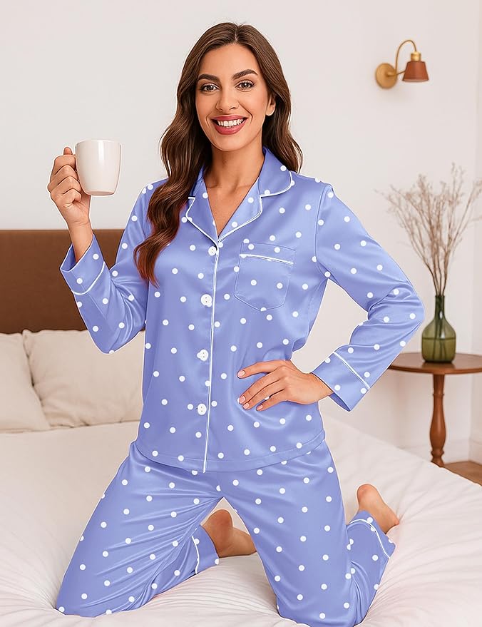 DOLOS Silk Satin Pajama Set for Women Short/Long Sleeve 2-Piece Silky Pajamas for Women Button Down Pjs Sleepwear Loungewear