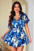 Avidlove Women Lingerie Robe Satin Sleepwear Eyelash Lace Kimono Side Split Sexy Silk Robes