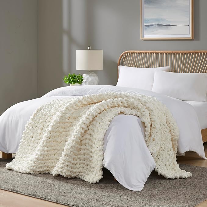 Madison Park Chenille Chunky Knit Handmade Throw Blanket, Luxuriously Soft Gift Blankets, Cottage Style Room Décor, Lightweight & Breathable All Seasons Throw Blanket for Couch, 50" W x 60" L Ivory