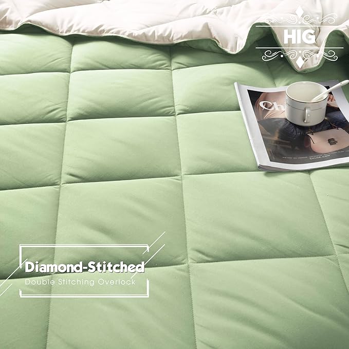 HIG 3pc Sage Green Twin/Twin XL Comforter Set - All Season Reversible Down Alternative Comforter with Sham - Quilted Duvet Insert with Corner Tabs - Diamond Stitched Blanket - Breathable, Soft, Fluffy