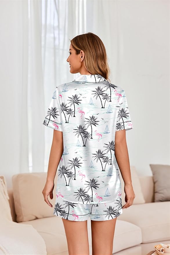 Ekouaer Womens Satin Silk Pajamas Set Short Sleeve Sleepwear Button Down Top and Shorts Loungewear 2 Piece Pjs Set S-XXL