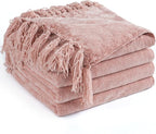 Chenille Throw Blanket for Couch 50"X 60", Soft Cozy Throws with Fringe Tassel for Bed Sofa Chair Cover, Lightweight Knitted Decorative Boho Blankets for Living Room, Dusty Pink