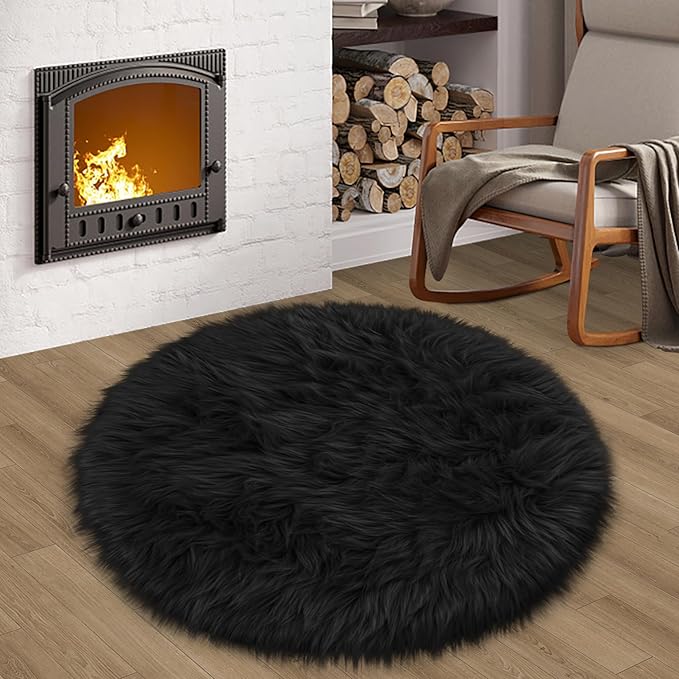 Black Round Rug for Bedroom, Fluffy Circle Rug 3 3 Feet for Kids Room, Furry Carpet for Teen's Room, Shaggy Circular Rug for Nursery Room, Fuzzy Plush Rug for Dorm, Black Carpet