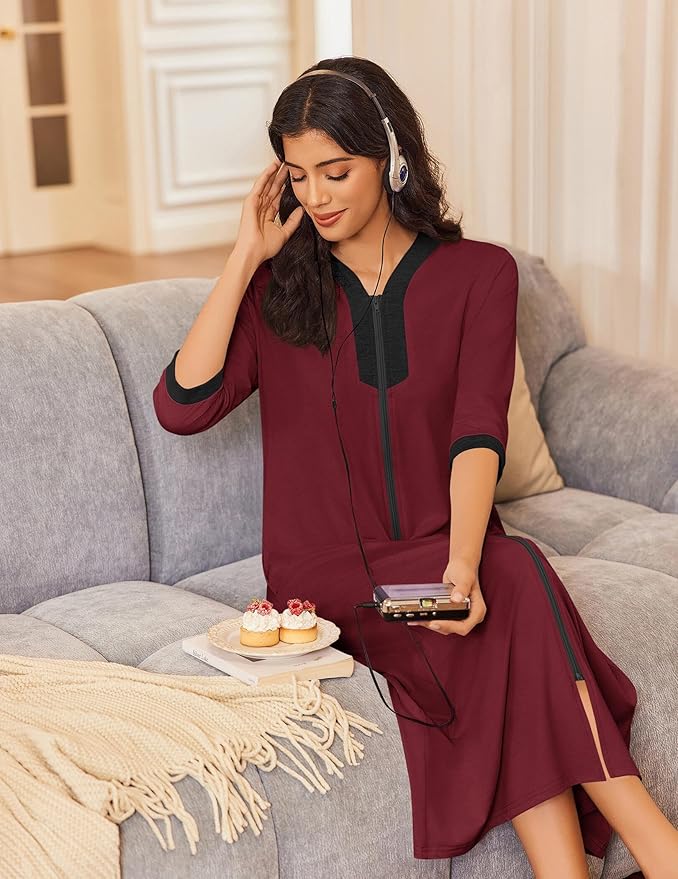 Ekouaer Women's Zipper Robe 3/4 Sleeves Housecoat Full Length Nightgown Soft Loungewear Robe with Pockets S-3XL