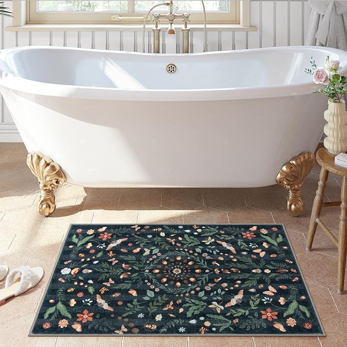 Lahome Insect Botanical Floral 2x3 Small Kitchen Rugs for Entryway Black Door Mat Indoor Entrance,Washable Boho Bathroom Area Rug,Soft Non-Slip Indoor Carpet Throw Rugs for Entry Laundry(Black,2x3)
