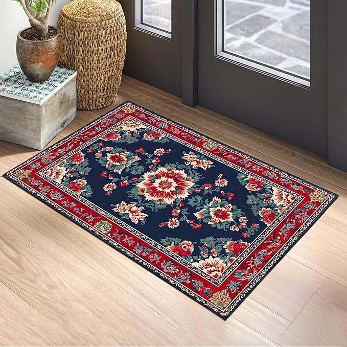 Area Rug 2x3 ft Entry Rug Washable Boho Rugs Non Slip Low Pile Floral Door Mat Small Carpet for Bedroom, Bedside, Kids Room,Dining Room