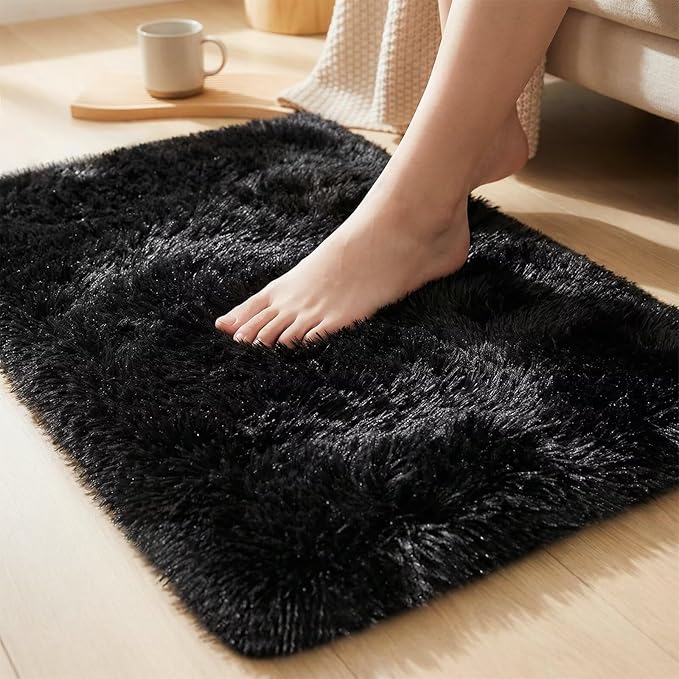 junovo 2x3 Small Washable Rug, Black Soft Non Slip Throw Carpet, Fluffy Shaggy Entryway Rugs for Bedroom Nursery, Indoor Inside Front Entrance Floor Mat for Home Decor Aesthetic