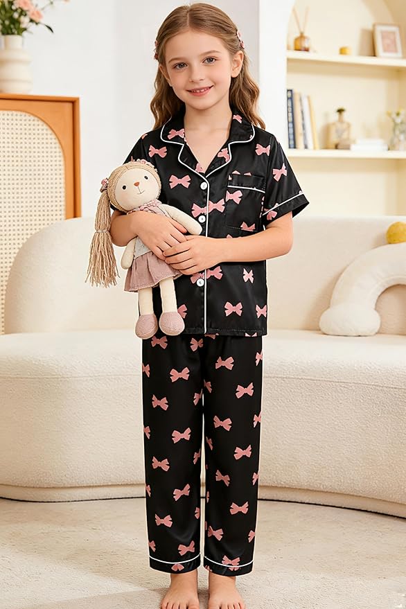 Hupohoi Unisex Girls Boys Kids Pajama Sets Button Down Satin Sleepwear Nighty 3PCS Silky Lounge Sets Nightwear