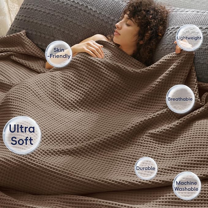 PHF Ultra Soft Waffle Weave Throw Blanket 50"x 60"- Washed Lightweight Breathable Cozy Woven Blanket for Bed - Aesthetic Decor for Couch Bedding Sofa Home Car - Chocolate