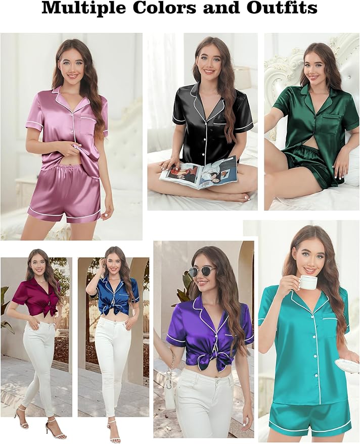 Silk Pajamas for Women Satin Womens PJ Set 2 Piece Short Lounge Set Summer Sleepwear Notch Collar Button-Down Pjs