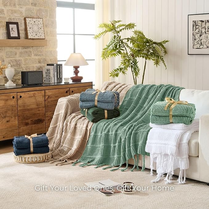 Boho Knitted Chenille Blanket with Tassels - Lightweight & Soft All-Season Throw - 3D Classic Pattern for Living Room Bedroom Couch, Sage Green, Throw 50"x60"