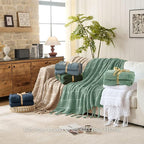 Boho Knitted Chenille Blanket with Tassels - Lightweight & Soft All-Season Throw - 3D Classic Pattern for Living Room Bedroom Couch, Sage Green, Throw 50"x60"